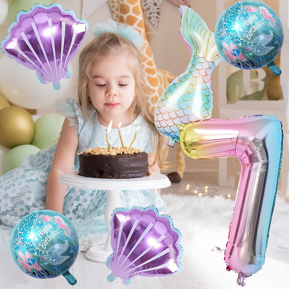 6pcs Ocean-Themed Birthday Balloon Set - Large Number 1-7 with Mermaid Tails & Seashells, Colorful Aluminum Foil, Perfect for Sea Creature Party Decorations