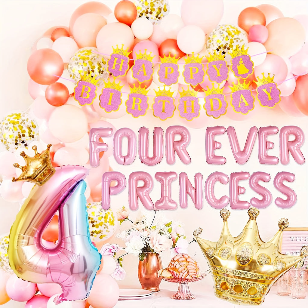 JeVenis 22pcs Four Ever A Princess Birthday Decorations Pink Golden Princess Castles Balloon Garland Crown Number 4 Foil Balloons Banner For 4 Years Old Birthday Party Decor Supplies