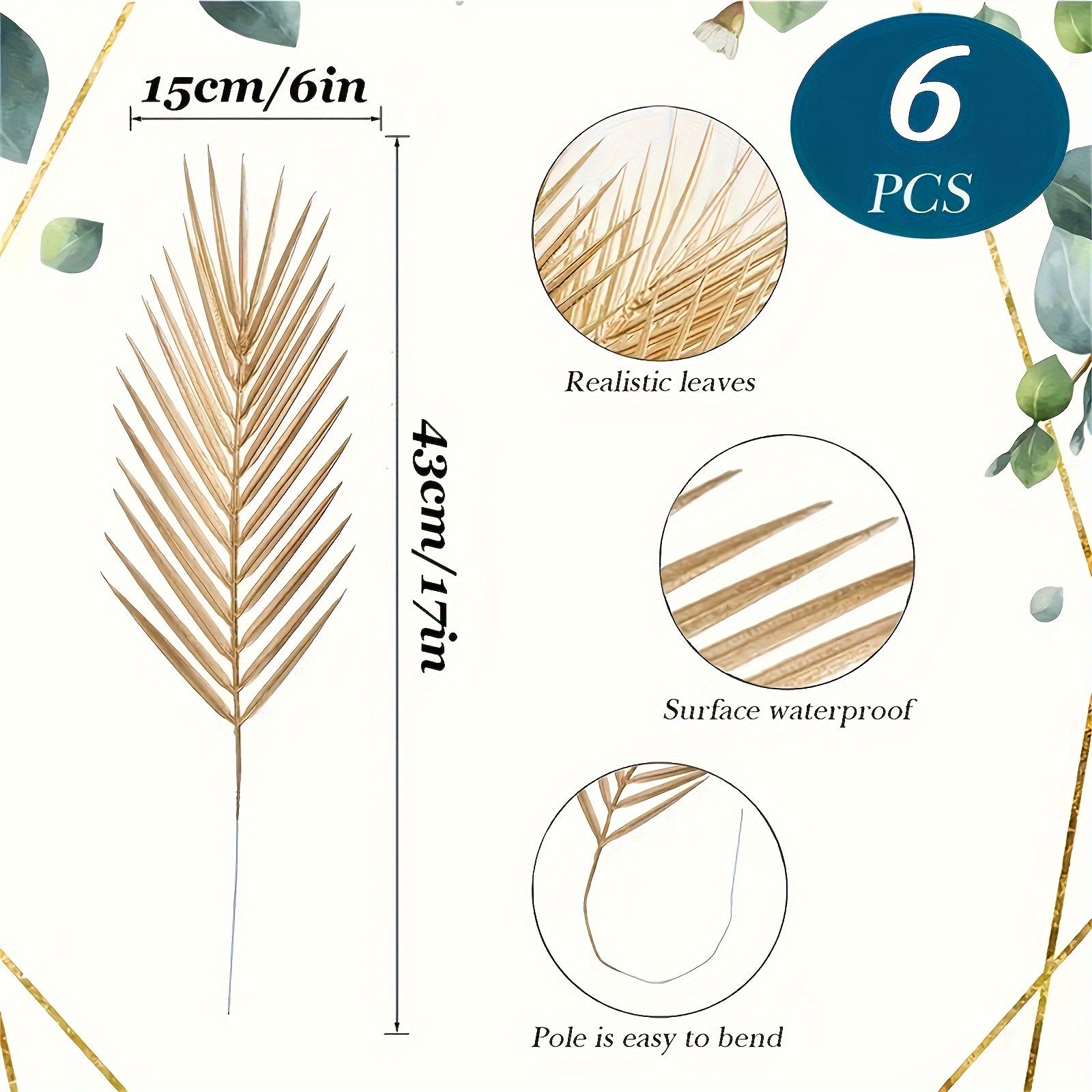 6pcs Golden Artificial Palm Leaves, 17" Fake Tropical Plant Faux Flowers For Indoor Outdoor Home Table Centerpiece Vase Filler Wedding Birthday Party  Halloween Gift