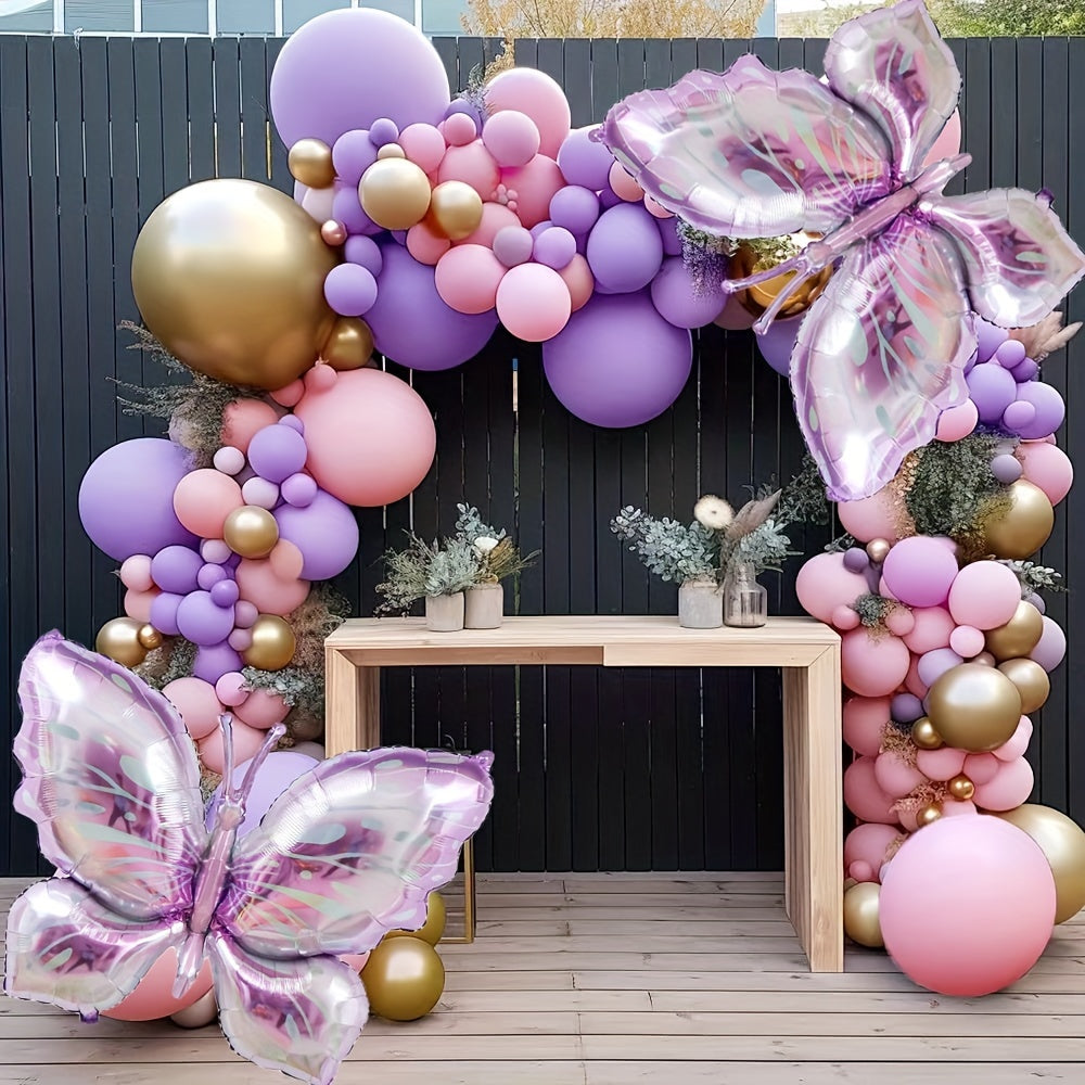Mixed Color Aluminum Film Butterfly Themed Balloon Garland Kit - 172pcs with Curling Ribbon - Ages 14+, for Birthdays, Mother'S Day, and Seasonal Celebrations