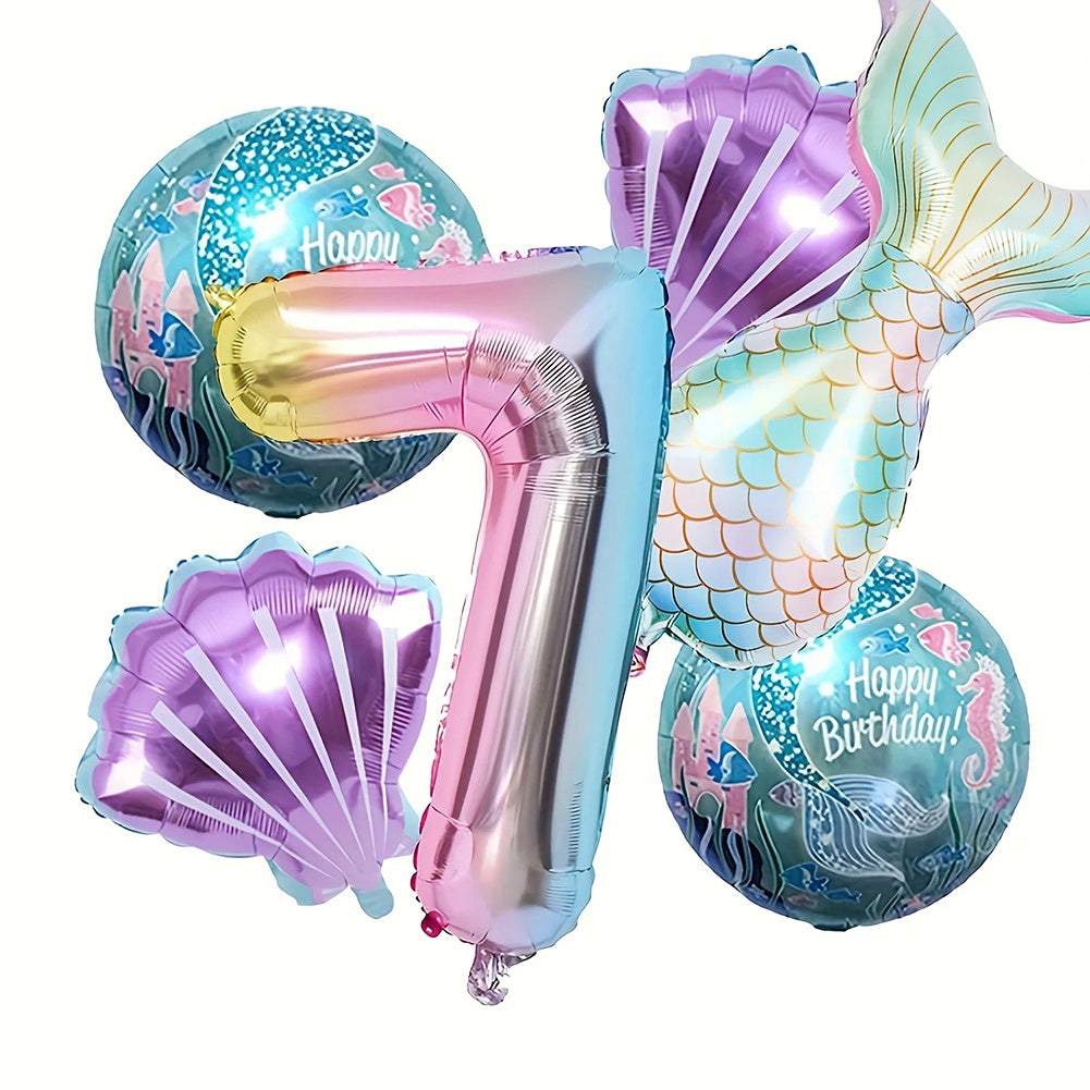 6pcs Ocean-Themed Birthday Balloon Set - Large Number 1-7 with Mermaid Tails & Seashells, Colorful Aluminum Foil, Perfect for Sea Creature Party Decorations