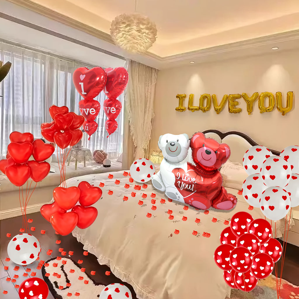 1000pcs Red Heart-shaped Printed Balloon I Love You Balloon Banner With Red Rose Petals And Bear Hug Balloon For Valentine'S Day Engagement Proposal And Easter Gift