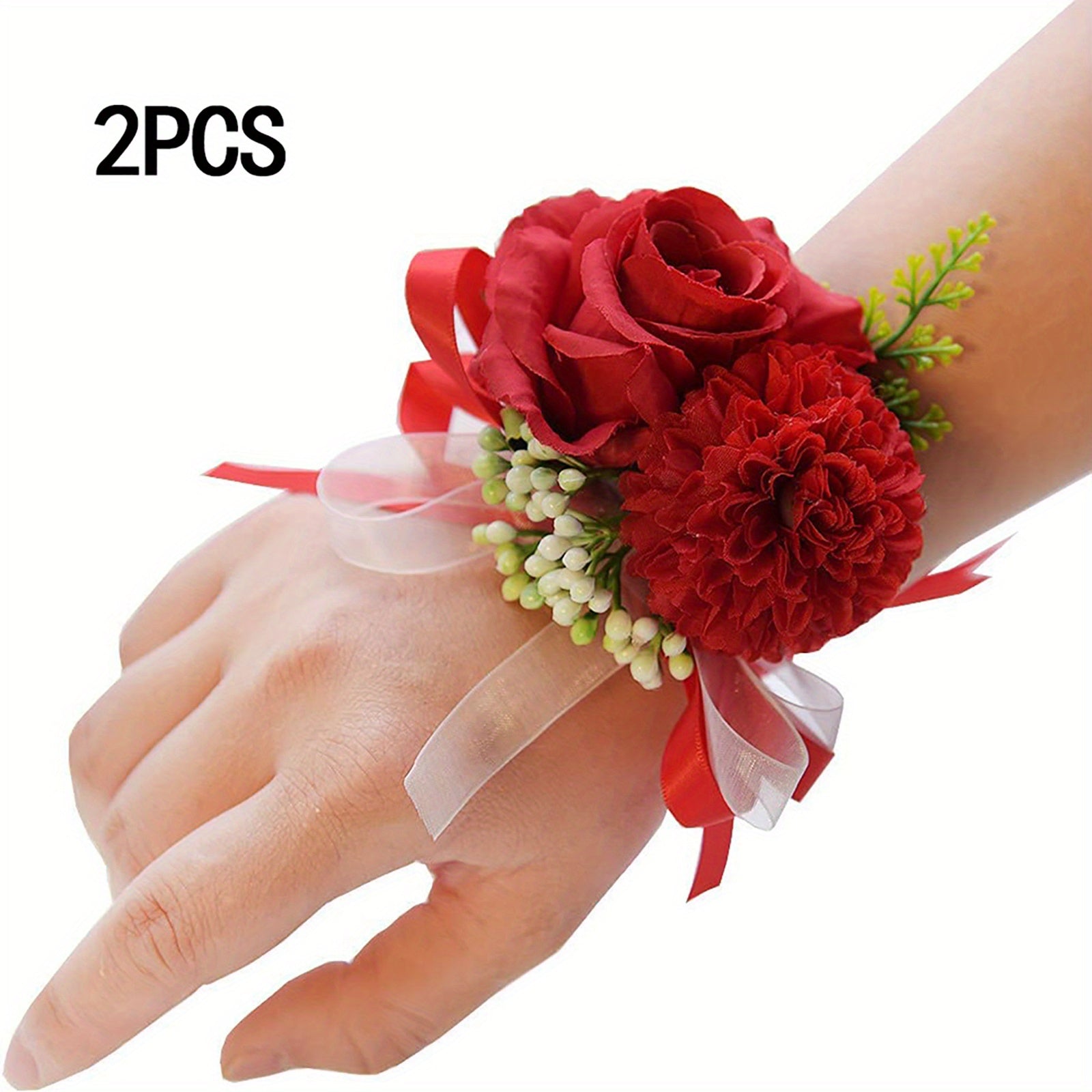 2pcs, Artificial Rose and Carnation Wrist Corsage Set for White Wedding and Prom Decorations