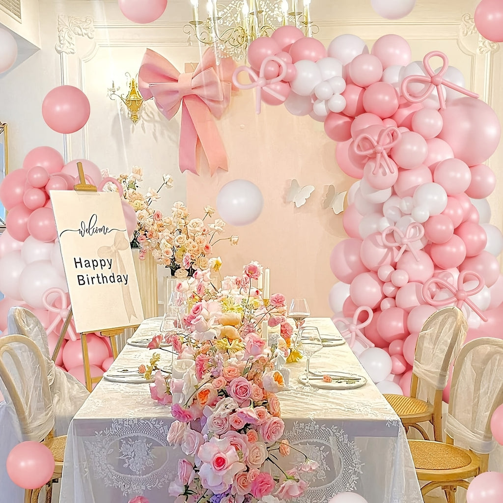 [145pcs Pink Bow Balloon Arch Kit] 145pcs, Etiquette Birthday Decoration Etiquette Bow Pink and White Balloon Arch Kit, Including Bow Balloon Light Pink White Bow Balloon, Used for Pink Bow Birthday Party