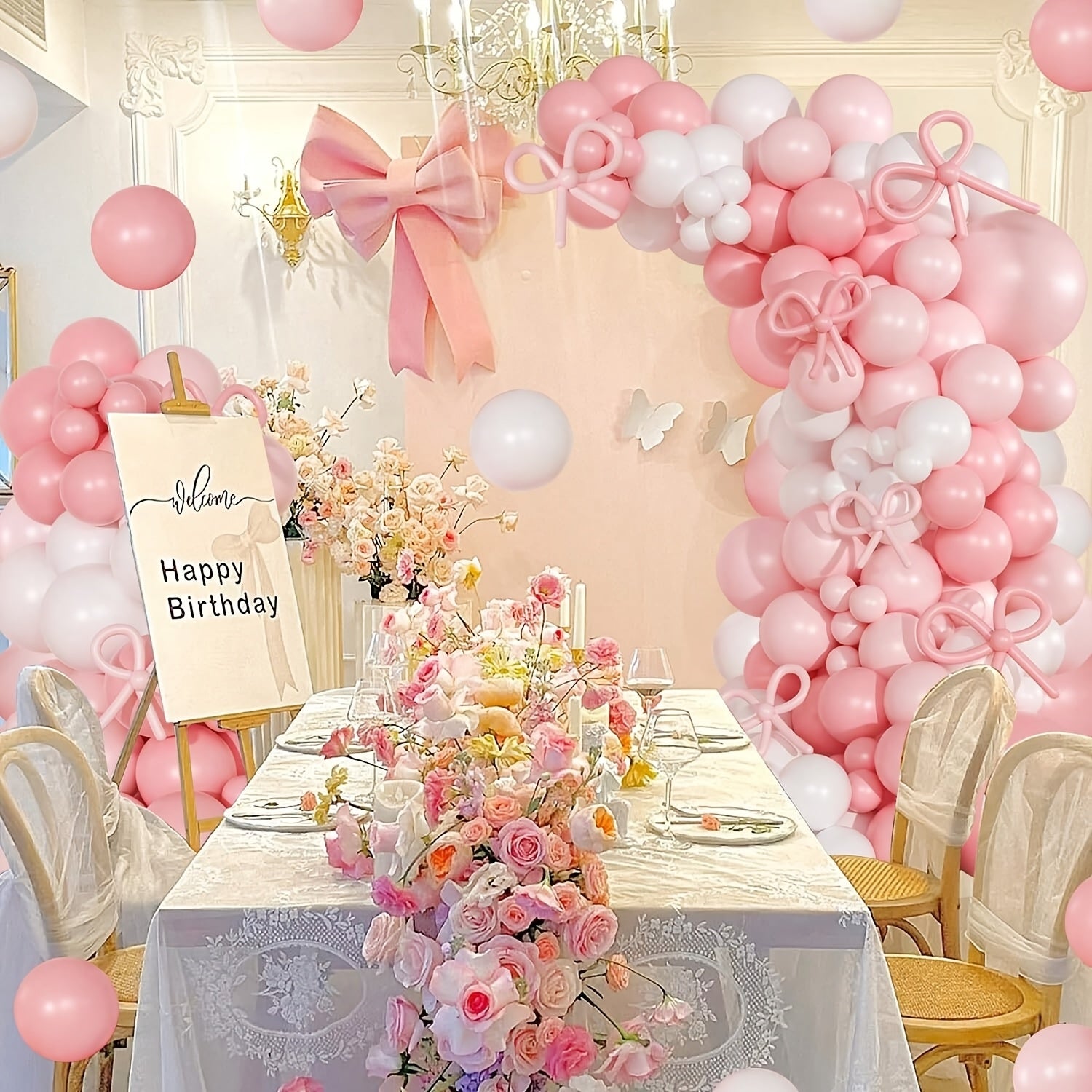 [145pcs Pink Bow Balloon Arch Kit] 145pcs, Etiquette Birthday Decoration Etiquette Bow Pink and White Balloon Arch Kit, Including Bow Balloon Light Pink White Bow Balloon, Used for Pink Bow Birthday Party