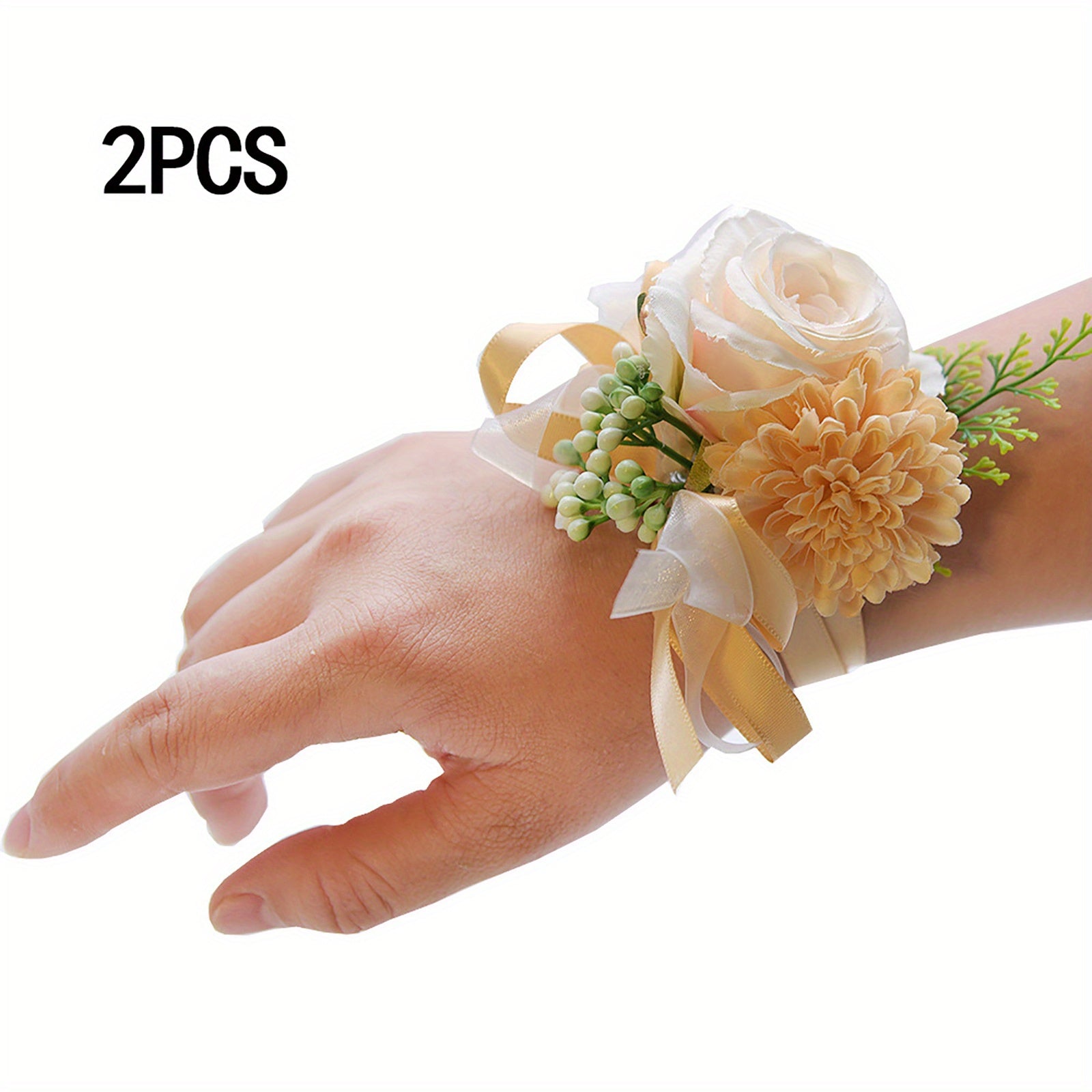 2pcs, Artificial Rose and Carnation Wrist Corsage Set for White Wedding and Prom Decorations