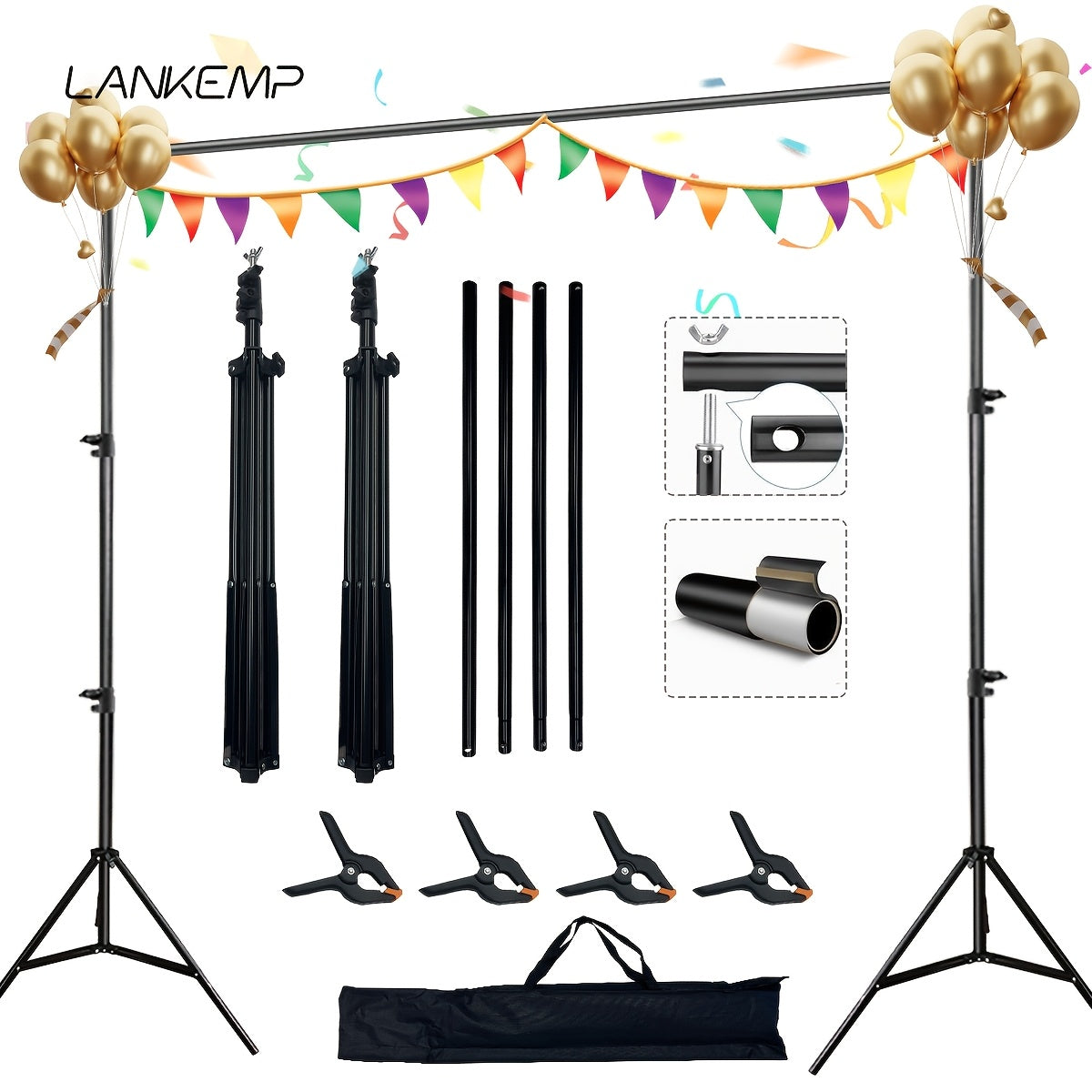 10x7 Ft Professional Background Stand | Adjustable Iron Metal Stand for Photo Studio, Includes 4 Cross Bars, 4 Background Clips, Balloon Arch Support Kit, Ideal for Party and Wedding Event Decoration