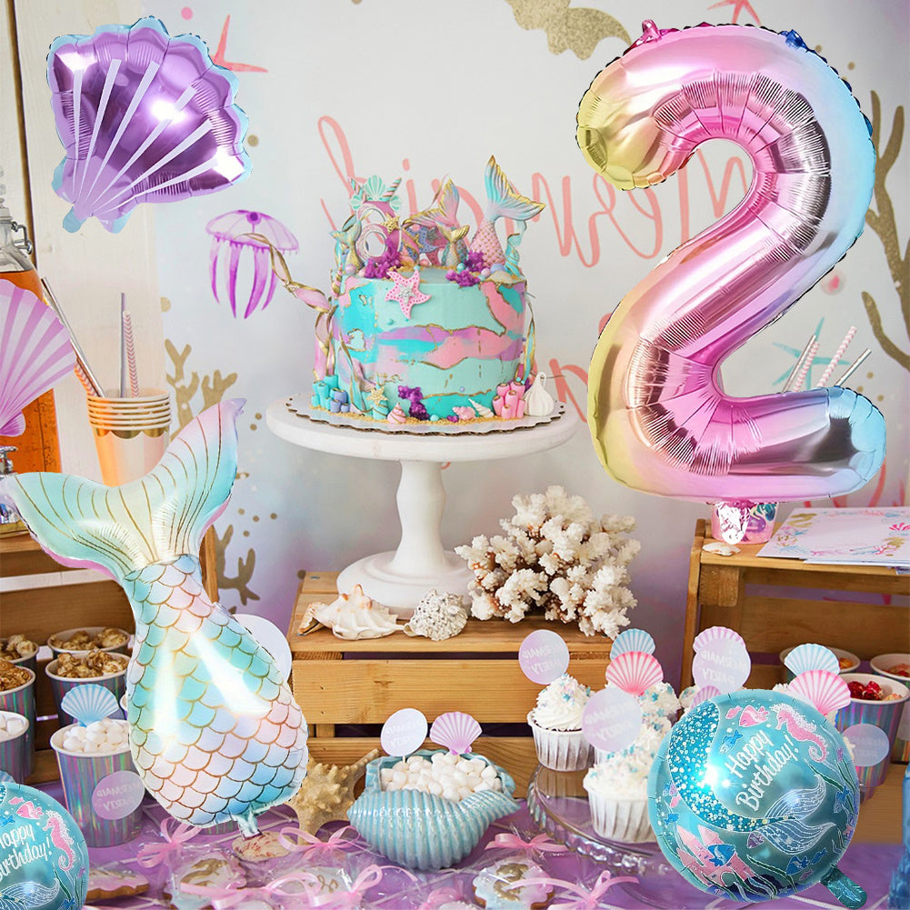 6pcs Ocean-Themed Birthday Balloon Set with Mermaid Tails & Seashells - Vibrant Mixed Colors, Durable Aluminum Foil, Includes Number 1-7 Balloons for Under the Sea Celebrations