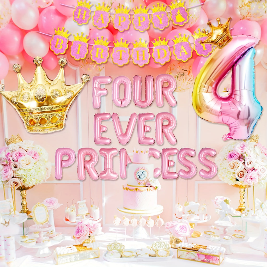 JeVenis 22pcs Four Ever A Princess Birthday Decorations Pink Golden Princess Castles Balloon Garland Crown Number 4 Foil Balloons Banner For 4 Years Old Birthday Party Decor Supplies