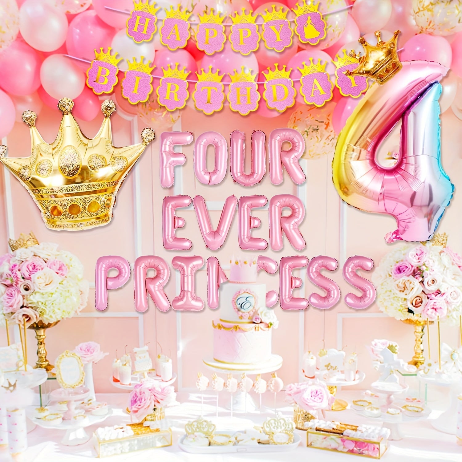 JeVenis 22pcs Four Ever A Princess Birthday Decorations Pink Golden Princess Castles Balloon Garland Crown Number 4 Foil Balloons Banner For 4 Years Old Birthday Party Decor Supplies