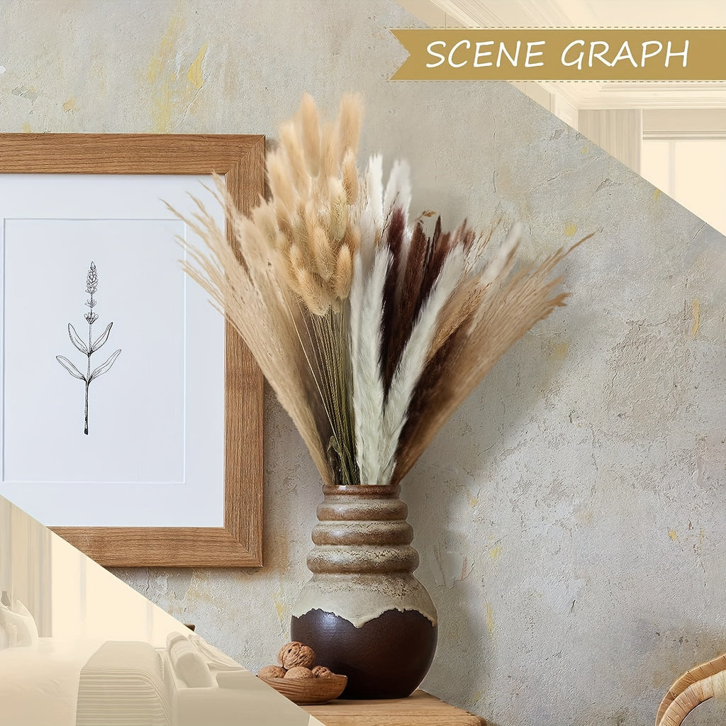 200pcs Artificial Pampas Grass Bundle - Includes 50 Decorations, 30 Natural Dried Feather Grass, 120 Natural Rabbit Tail Grass for Bohemian Table, Country Parties, Shower Decor, Wedding Party, and Home Decor