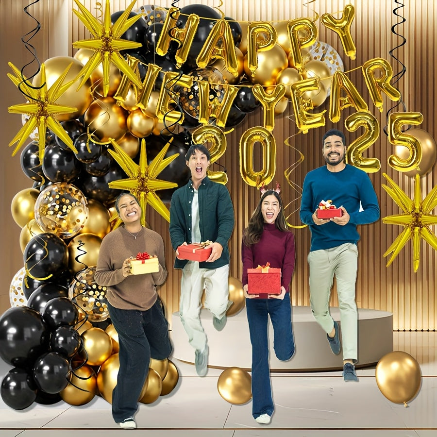 156pcs Black & Golden Balloon Arch Kit - 2025 Happy New Year Numbers, Alphabet & Exploding Star Balloons for New Year's Eve Party, Christmas Decor, Family Gathering Backdrop & Photo Props