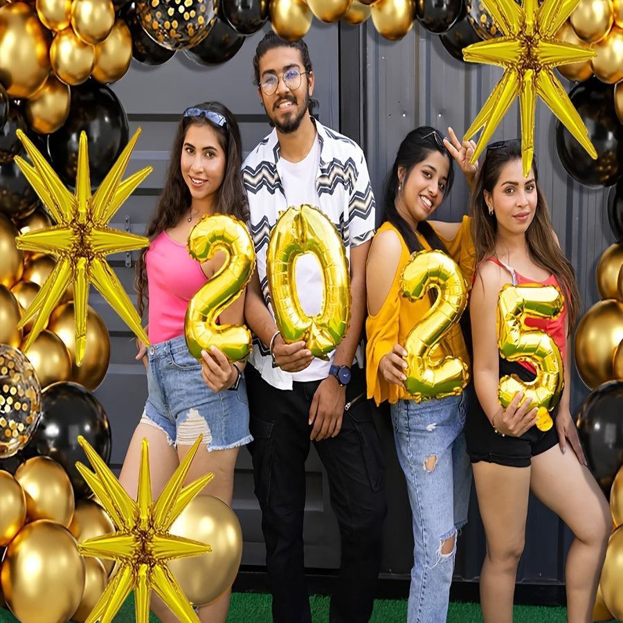 156pcs Black & Golden Balloon Arch Kit - 2025 Happy New Year Numbers, Alphabet & Exploding Star Balloons for New Year's Eve Party, Christmas Decor, Family Gathering Backdrop & Photo Props