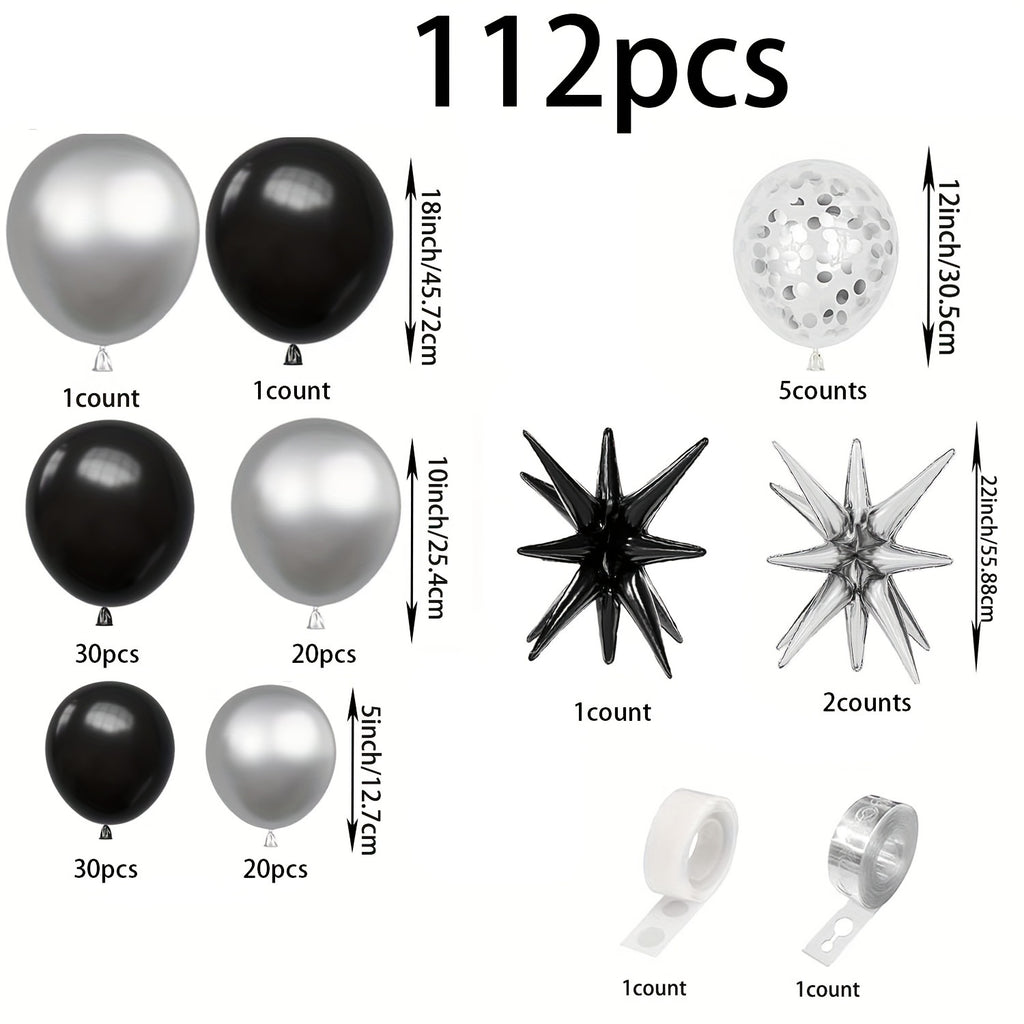 147/112pcs Luxe Balloon Arch Kit - Black, Golden & Silvery with Exploding Star Foil & Glitter Accents for Birthdays, Weddings, Anniversaries & Graduations - Versatile Indoor/Outdoor Party Decor