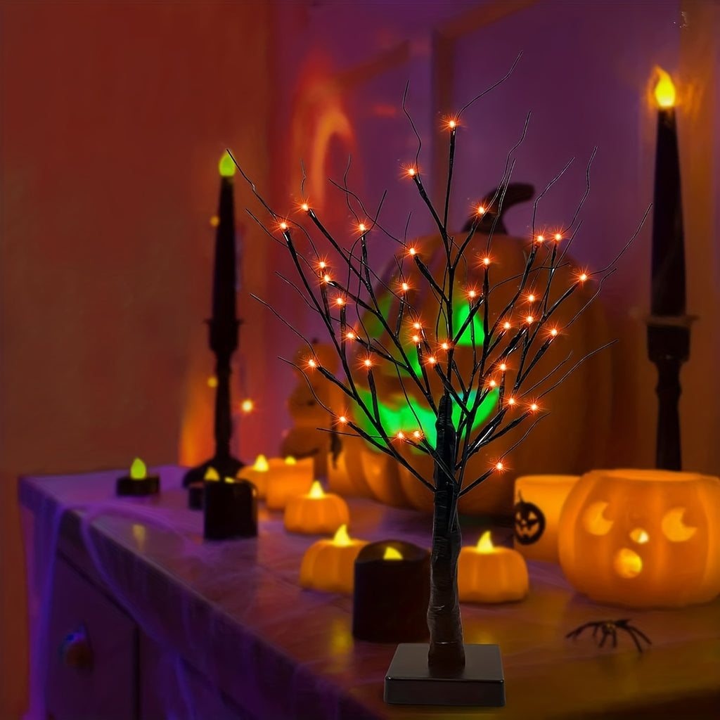 1pc 2FT Orange And Purple Lighting Halloween Decorative Tree Lights With Timer 24 LED Branch Tree Lights In Total, USB And Battery Powered, Artificial Black Desktop Ghost Tree Lights, Indoor Home Party Decoration