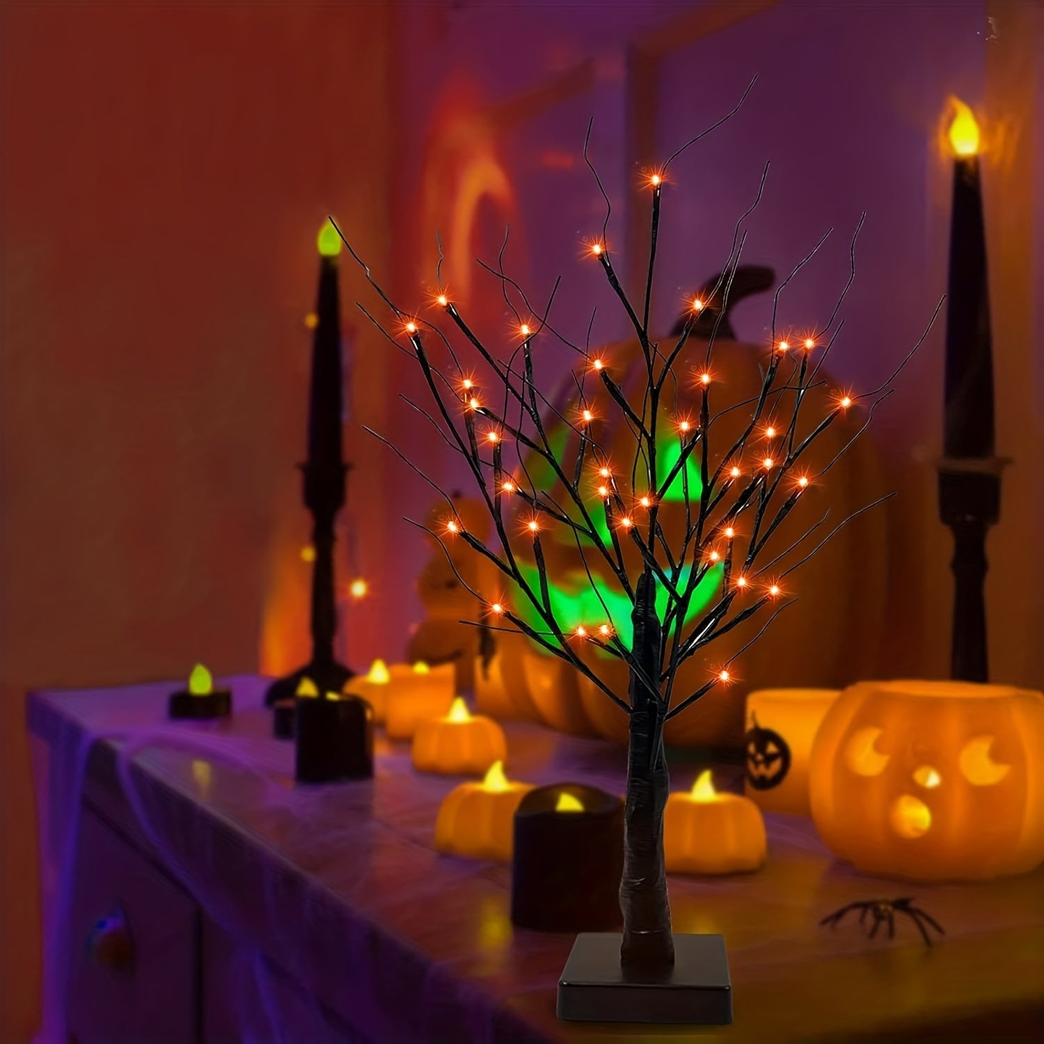 1pc 2FT Orange And Purple Lighting Halloween Decorative Tree Lights With Timer 24 LED Branch Tree Lights In Total, USB And Battery Powered, Artificial Black Desktop Ghost Tree Lights, Indoor Home Party Decoration