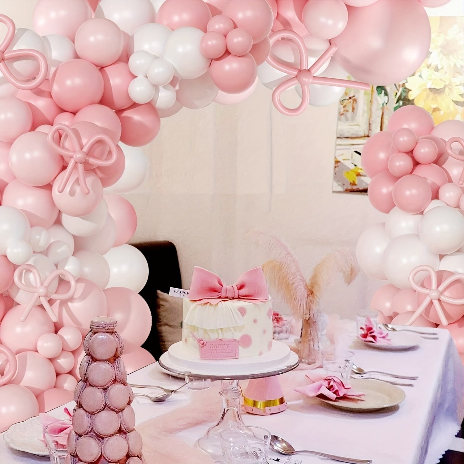 [145pcs Pink Bow Balloon Arch Kit] 145pcs, Etiquette Birthday Decoration Etiquette Bow Pink and White Balloon Arch Kit, Including Bow Balloon Light Pink White Bow Balloon, Used for Pink Bow Birthday Party