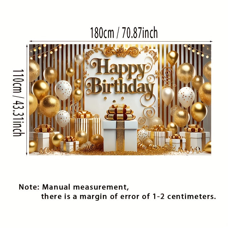 Golden & White Happy Birthday Banner - 70.87x43.31" Polyester Party Decoration Backdrop, Elegant Balloon Design Photography Prop, No Balloons Included