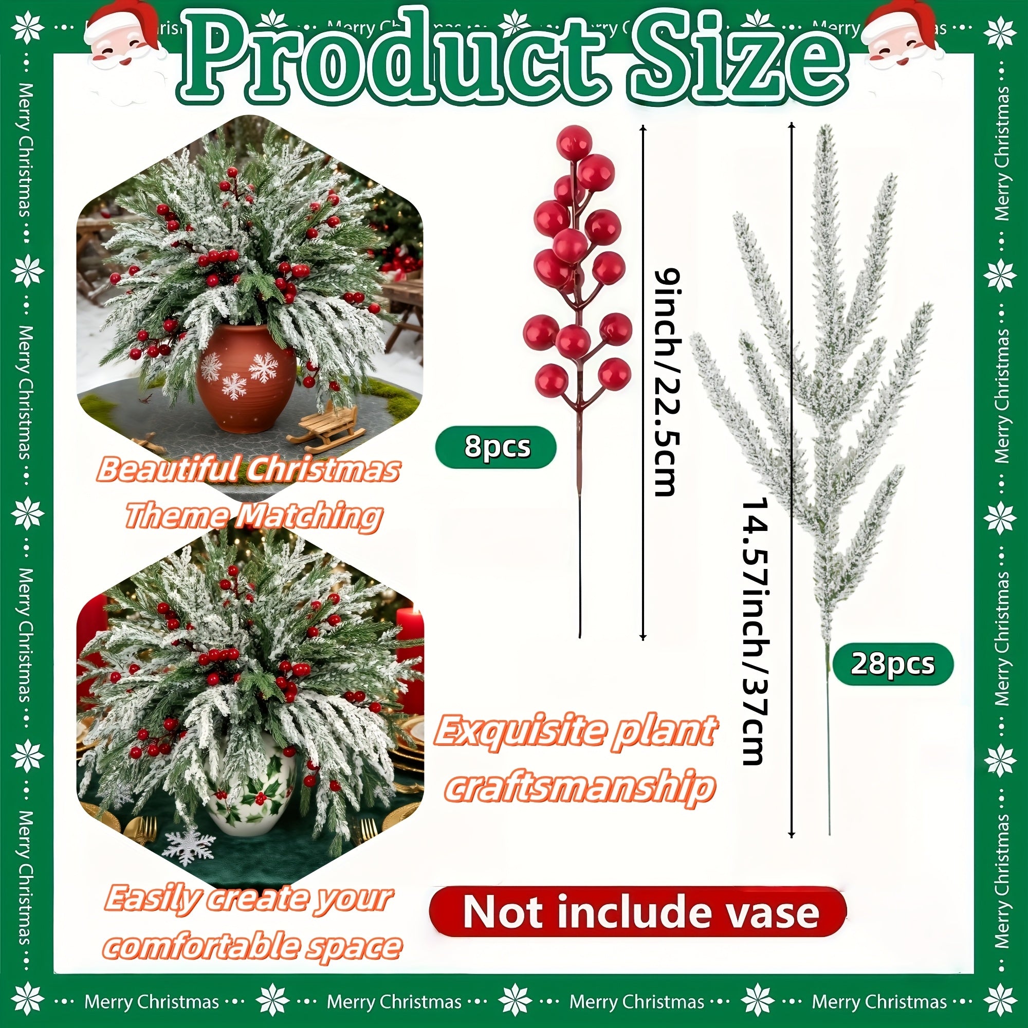 36pcs - Green Christmas Artificial Plant Norfolk Pine Branches with Red Berries - 37cm Realistic Faux Pine Garland, Dense Green Needles and Snow Cover, Suitable for Christmas Wreaths, Vase Fillers, Home Decor - Durable Plasti