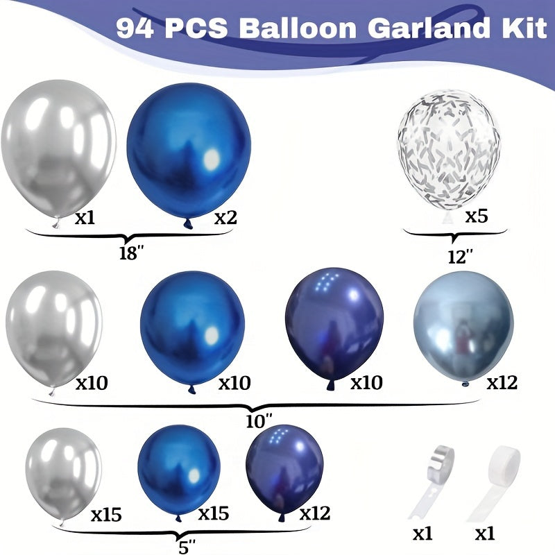 94pcs blue and Silvery balloon arch kit, navy blue, dark blue, and Silvery balloon flower wreath with metallic royal blue, light blue, and Silvery confetti party balloons for birthdays, weddings, graduations, and party decora