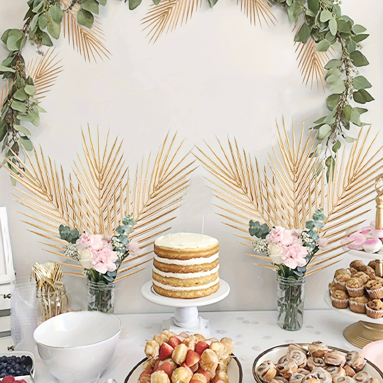 6pcs Golden Artificial Palm Leaves, 17" Fake Tropical Plant Faux Flowers For Indoor Outdoor Home Table Centerpiece Vase Filler Wedding Birthday Party  Halloween Gift