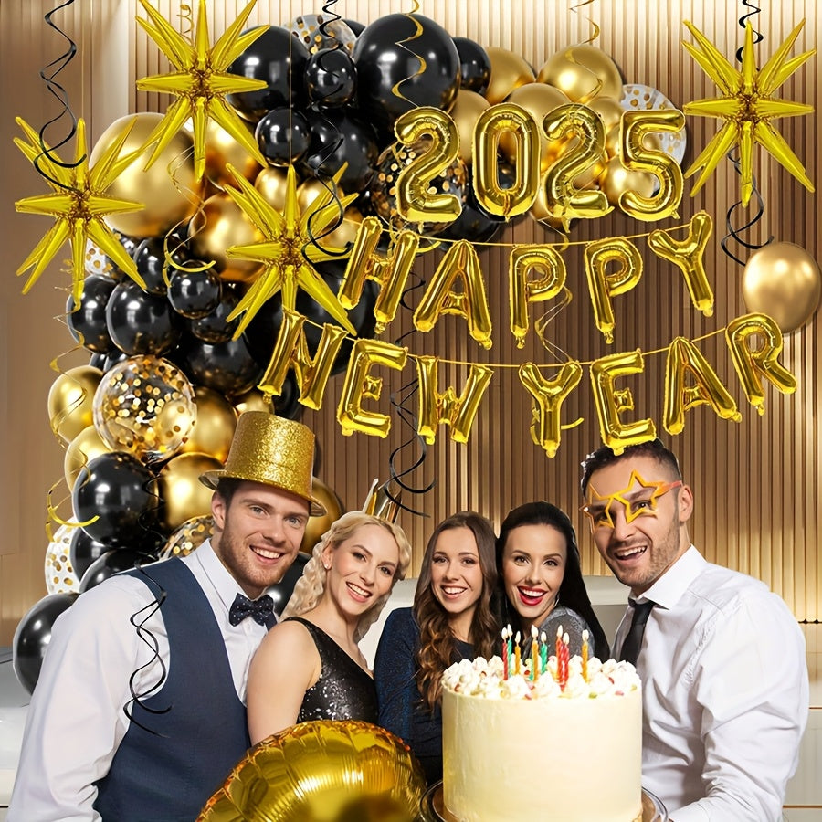 156pcs Black & Golden Balloon Arch Kit - 2025 Happy New Year Numbers, Alphabet & Exploding Star Balloons for New Year's Eve Party, Christmas Decor, Family Gathering Backdrop & Photo Props