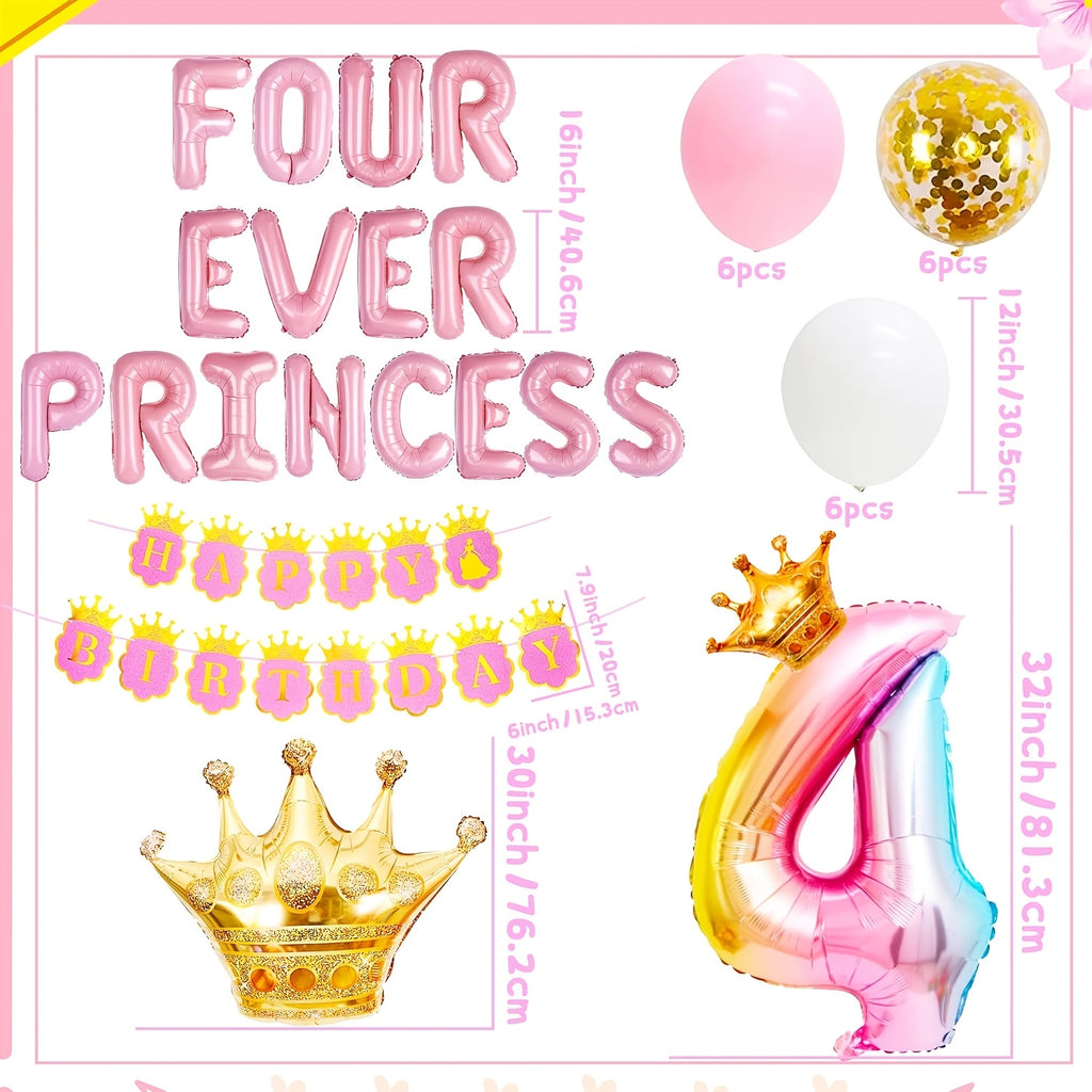 JeVenis 22pcs Four Ever A Princess Birthday Decorations Pink Golden Princess Castles Balloon Garland Crown Number 4 Foil Balloons Banner For 4 Years Old Birthday Party Decor Supplies