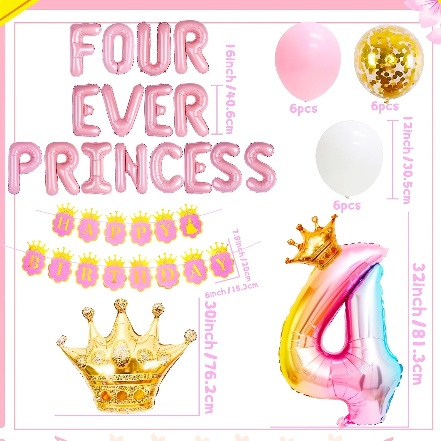 JeVenis 22pcs Four Ever A Princess Birthday Decorations Pink Golden Princess Castles Balloon Garland Crown Number 4 Foil Balloons Banner For 4 Years Old Birthday Party Decor Supplies
