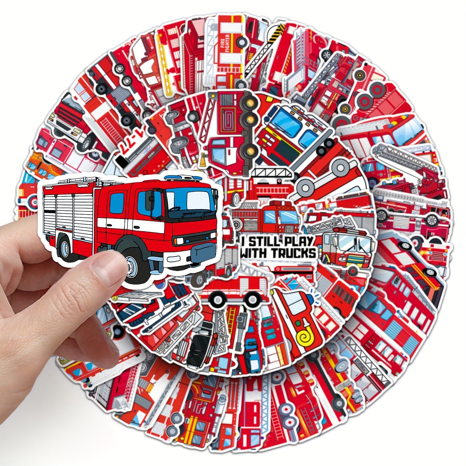 100pcs Fire Truck Vinyl Stickers, Cartoon Theme, Mixed Color, Self-Adhesive, Reusable, Glossy Finish, Irregular Shape, Crystal Embellishment, for Scrapbook, Diary, Skateboard, Water Bottle, Car Decoration, Glass Surface Recom