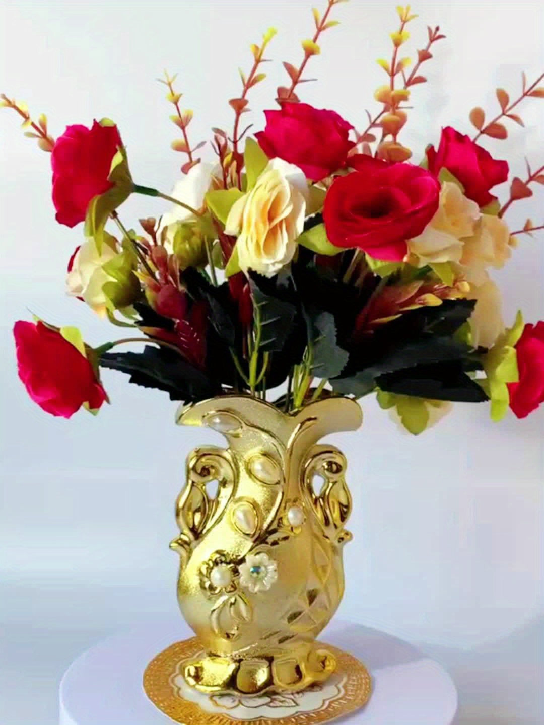 A Set of Artificial Roses with a Golden Ceramic Decorative Vase, Including a Small Vase, Two Bundles of Artificial Flowers, And a Flower Mat, Suitable for Decorating Dining Tables, Weddings, Bedrooms, Hotels, Restaurants, Bar