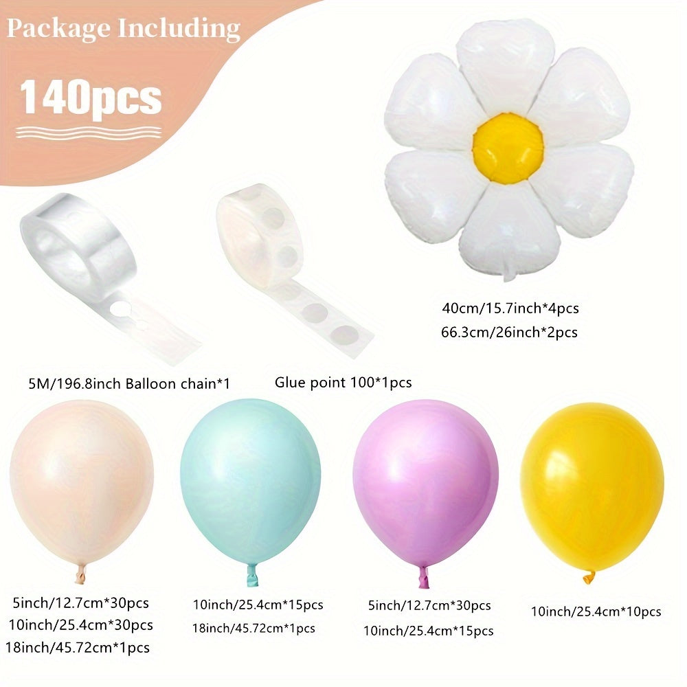 140pcs Daisy Balloon Garland Arch Kit, Groovy Balloon Arch Kit With Daisy Flower Macaron Purple Green Nude Yellow Balloons For Boho Daisy Theme Birthday Wedding Party Decorations
