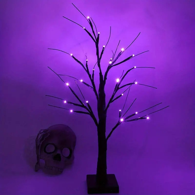1pc 2FT Orange And Purple Lighting Halloween Decorative Tree Lights With Timer 24 LED Branch Tree Lights In Total, USB And Battery Powered, Artificial Black Desktop Ghost Tree Lights, Indoor Home Party Decoration