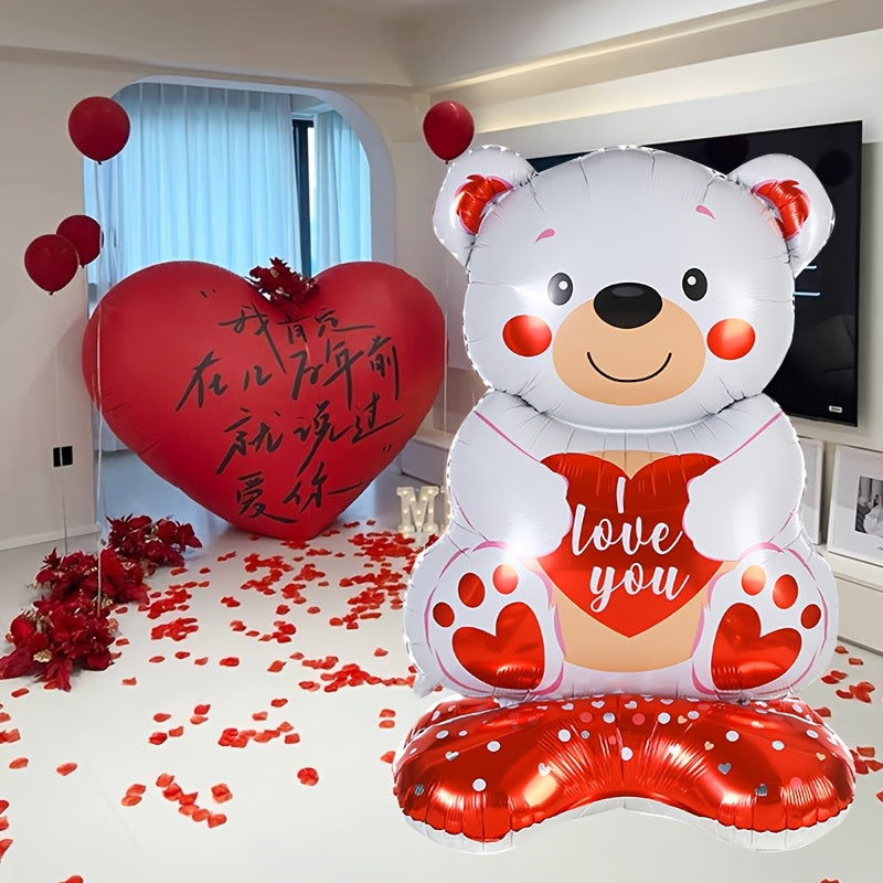 1pc Valentine's Day Teddy Bear Balloon Set with 58" Self-Sealing Heart Aluminum Balloons, "I Love You" Design - Ideal for Romantic Proposals, Weddings & Anniversaries, Valentines Decorations