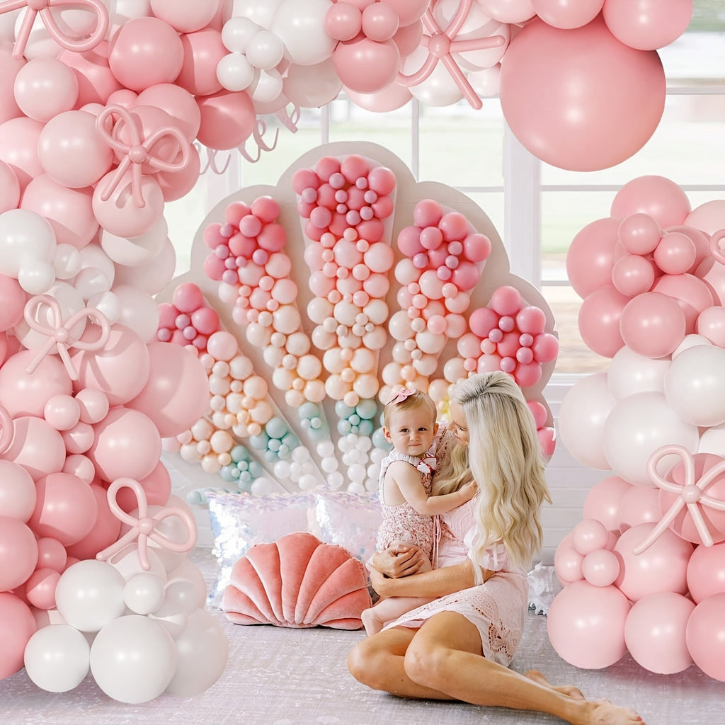 [145pcs Pink Bow Balloon Arch Kit] 145pcs, Etiquette Birthday Decoration Etiquette Bow Pink and White Balloon Arch Kit, Including Bow Balloon Light Pink White Bow Balloon, Used for Pink Bow Birthday Party
