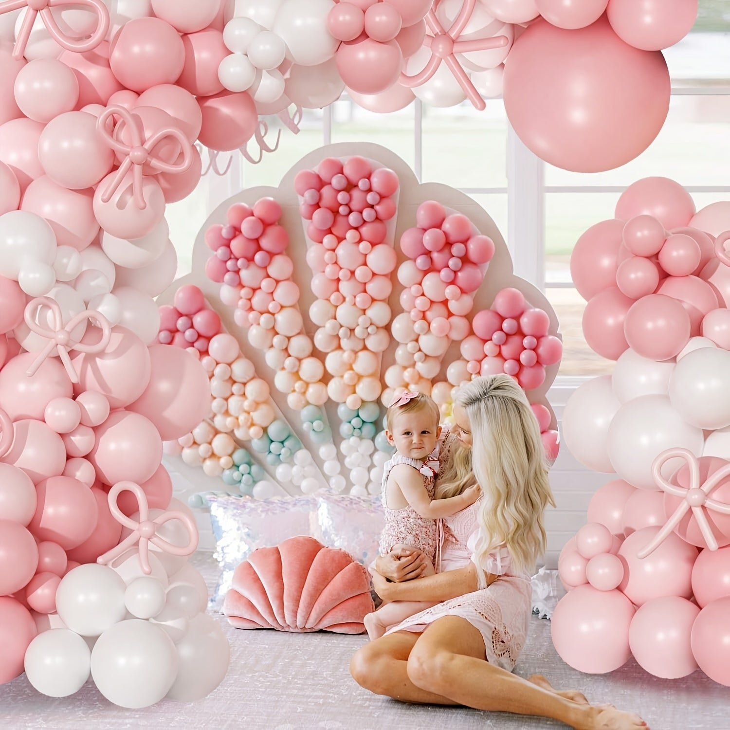 [145pcs Pink Bow Balloon Arch Kit] 145pcs, Etiquette Birthday Decoration Etiquette Bow Pink and White Balloon Arch Kit, Including Bow Balloon Light Pink White Bow Balloon, Used for Pink Bow Birthday Party