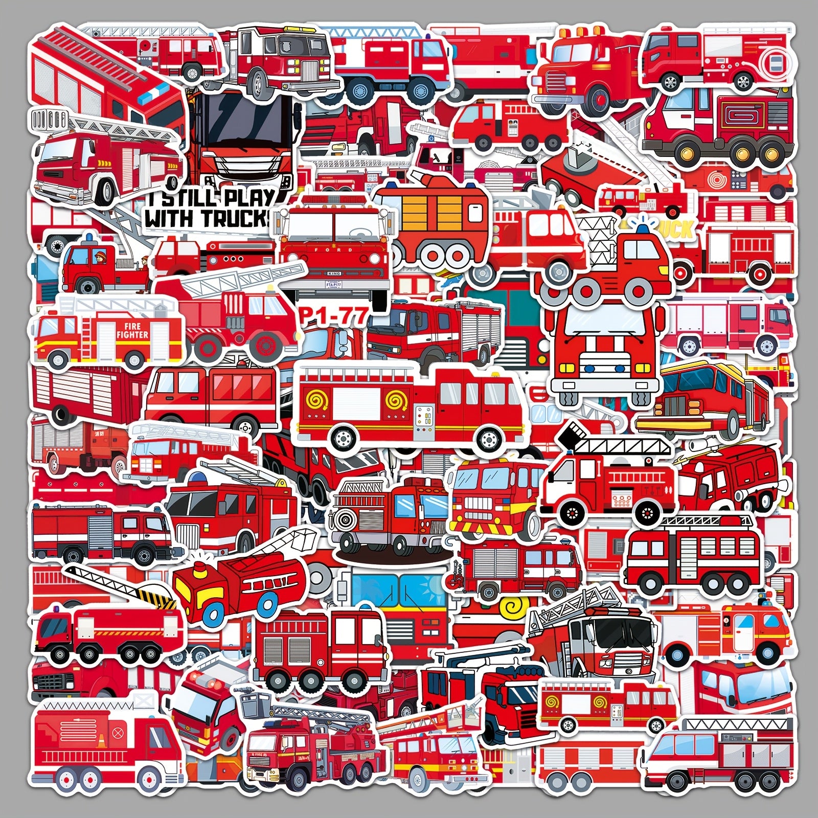 100pcs Fire Truck Vinyl Stickers, Cartoon Theme, Mixed Color, Self-Adhesive, Reusable, Glossy Finish, Irregular Shape, Crystal Embellishment, for Scrapbook, Diary, Skateboard, Water Bottle, Car Decoration, Glass Surface Recom