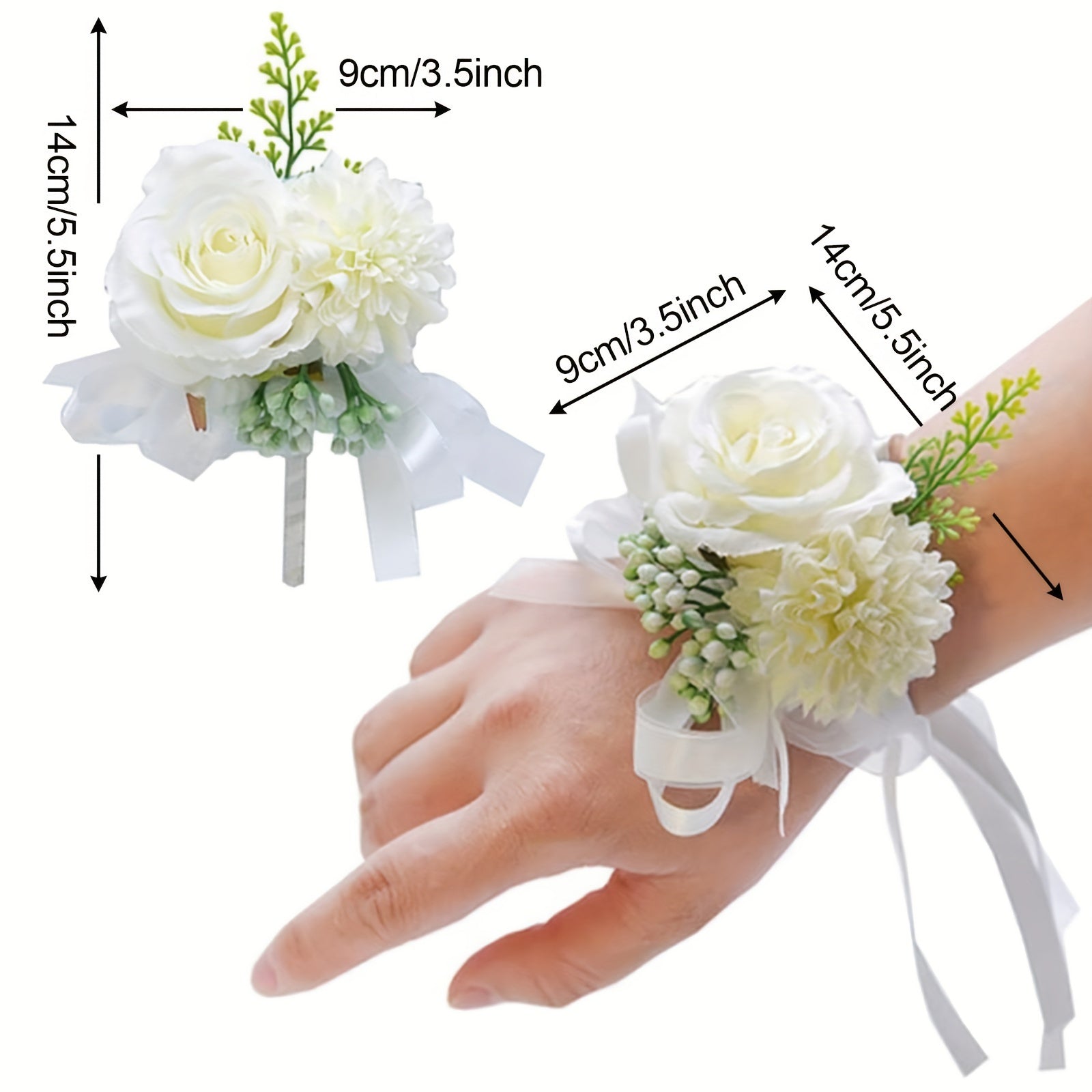 2pcs, Artificial Rose and Carnation Wrist Corsage Set for White Wedding and Prom Decorations